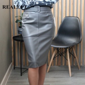 Stylish PU Leather Wrap Midi Skirts with Belt Autumn Winter Women High Waist Sheath Pencil Back Split Skirts